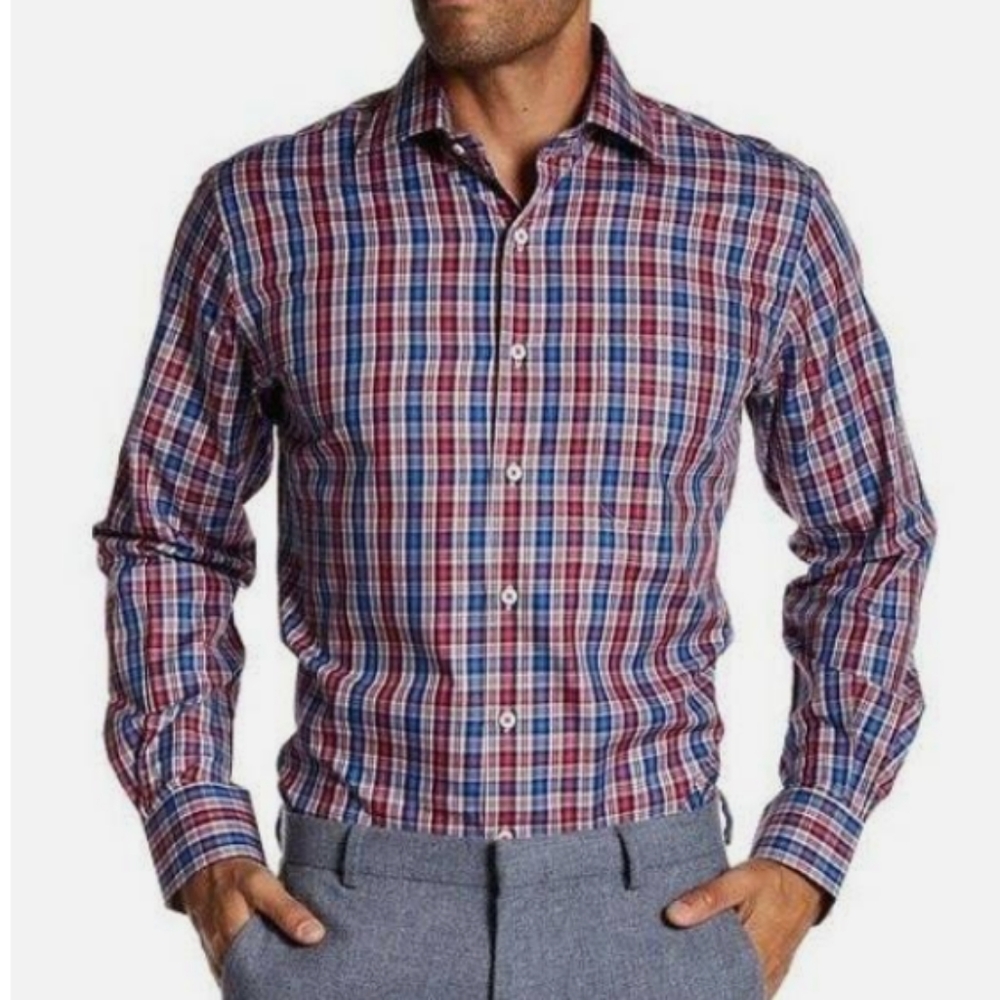 Peter Millar Shirt XL Red Blue Plaid Button Up Career Wear Office Long Sleeve